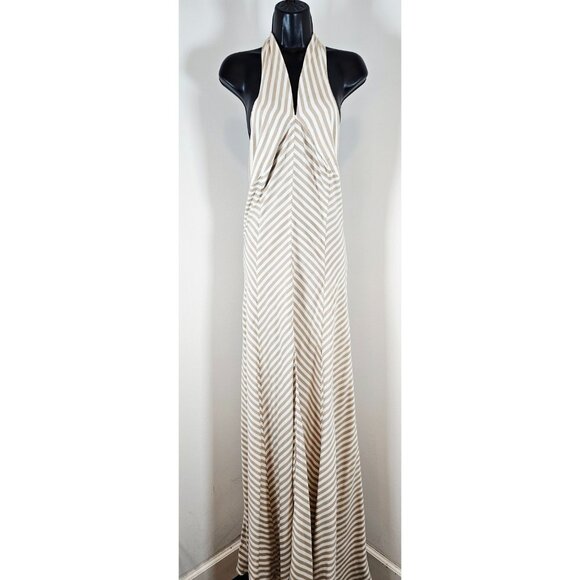 New York and Company Khaki Striped Halter Top Backless Maxi Dress - SZ 2XL - Picture 1 of 8